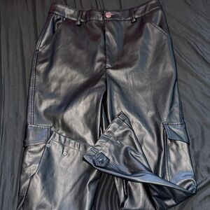 Black Faux Leather Cargo Pants